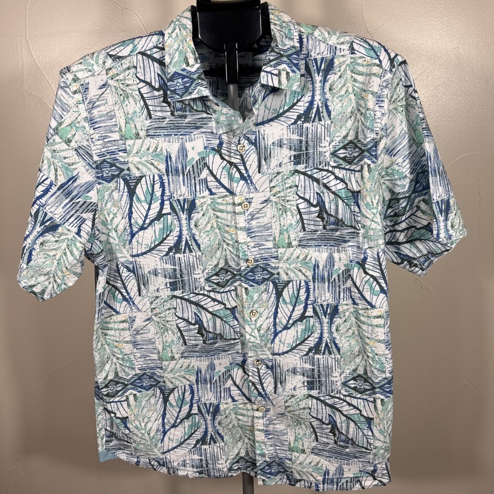 Tommy Bahama Nova Wave Men L Seersucker Short Sleeve Button Down Shirt Tropical